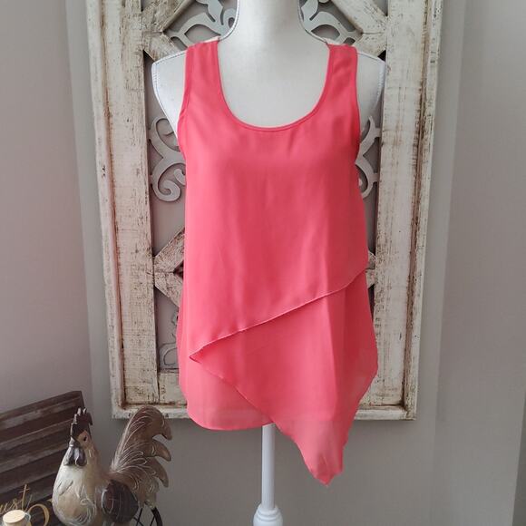 BCX Women's Junior Layered Asymmetric Mesh Crochet Lace Tank Top in Coral - Picture 2 of 7